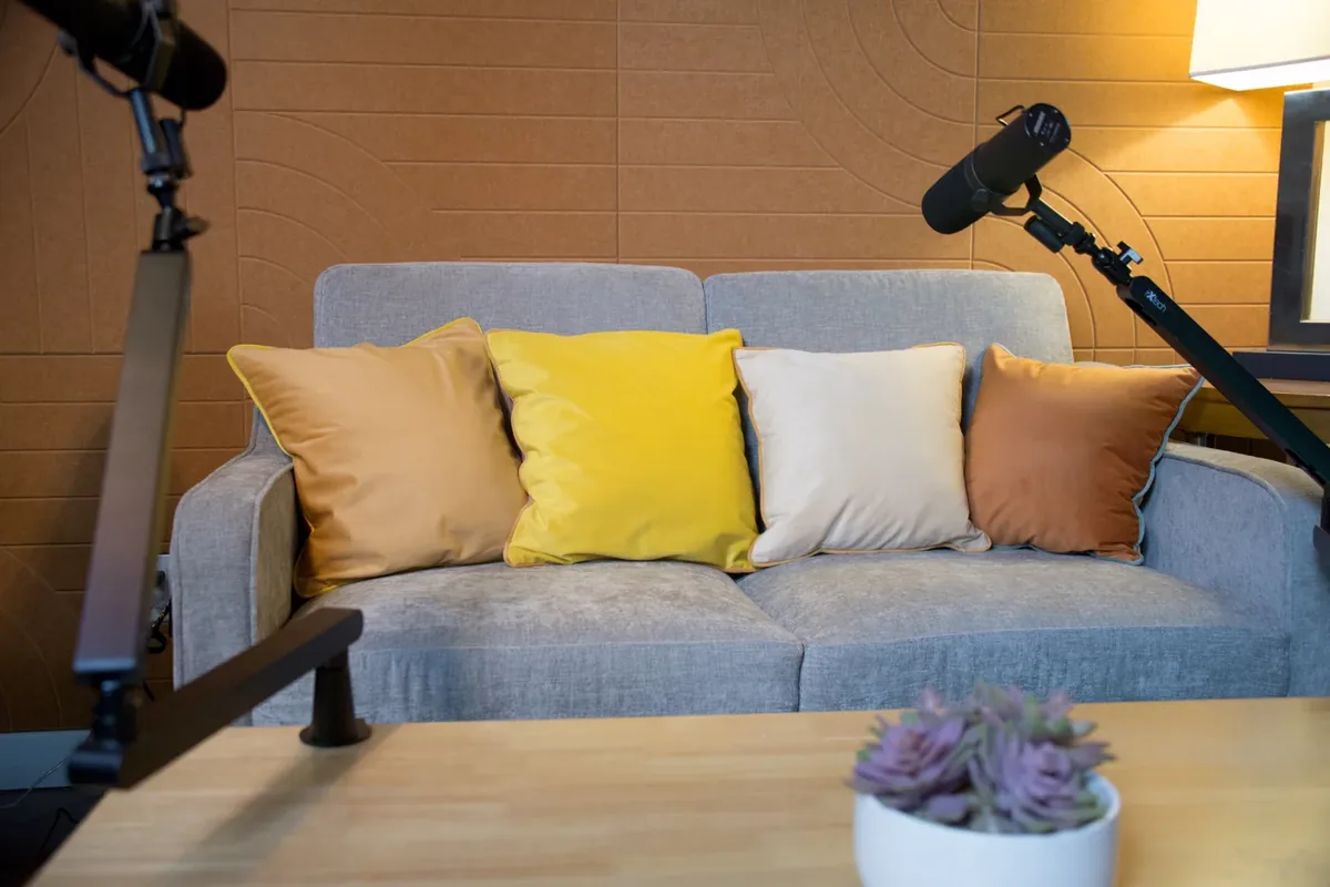 Podcast studio couch with microphones in Bushwick Brooklyn
